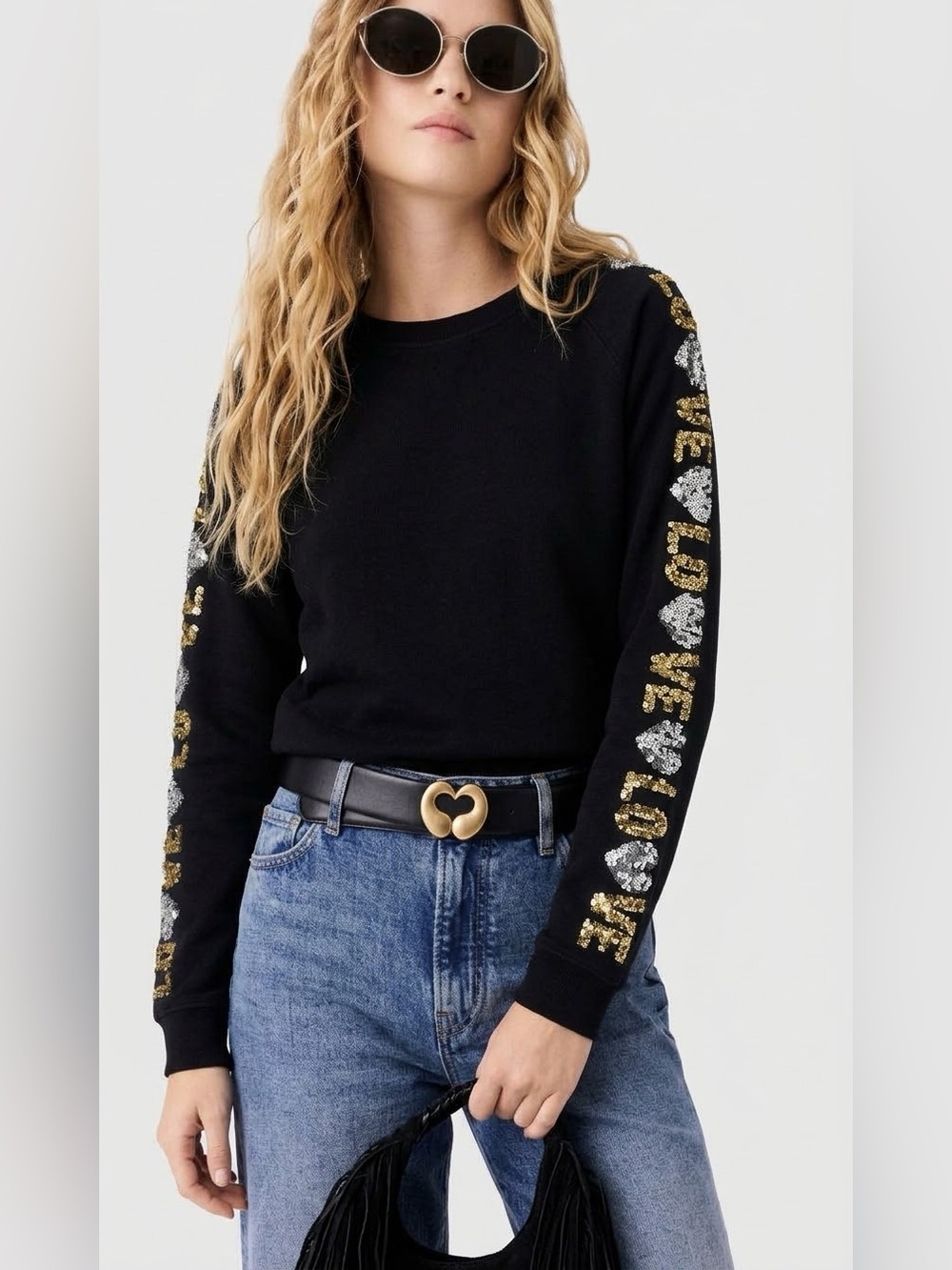 MAJE Women's Topaz Love Sequin-Sleeve Crew Black Sweatshirt - 1 [FR]/ Small [US]